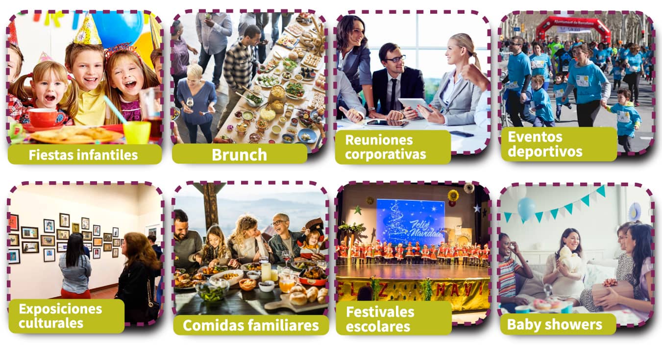 esquema de fiestas infantiles, brunch, reuniones corporativas, eventos deportivos, 