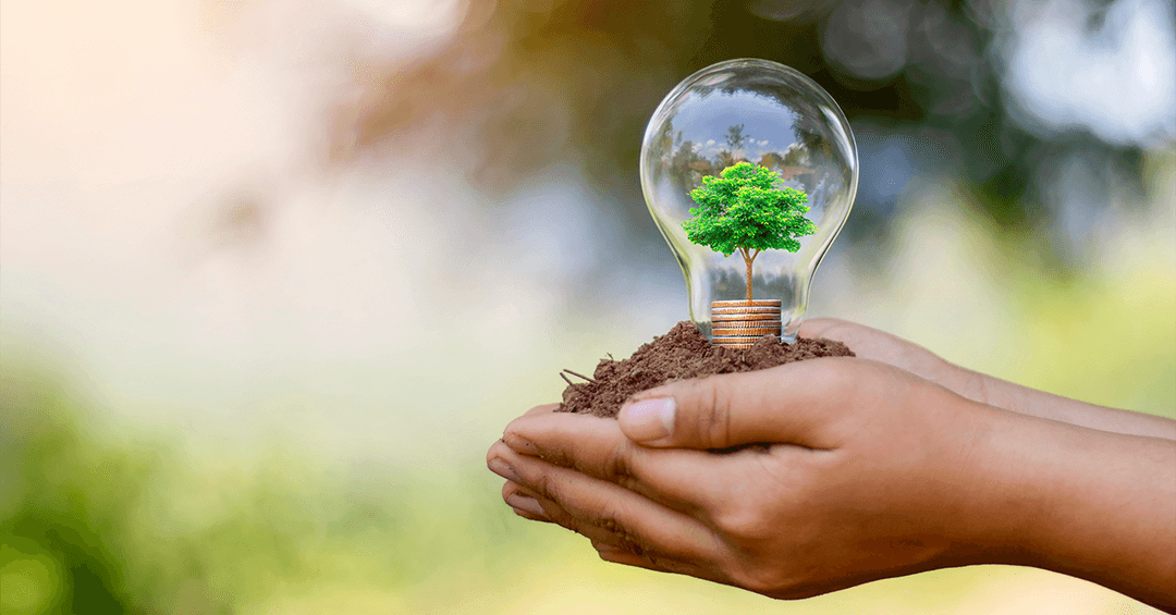 Manos sosteniendo un puñado de tierra y una bombilla que contiene un árbol.