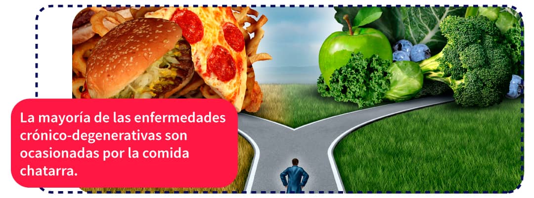 un camino con dos salidas, uno con una pizza, otro con verduras