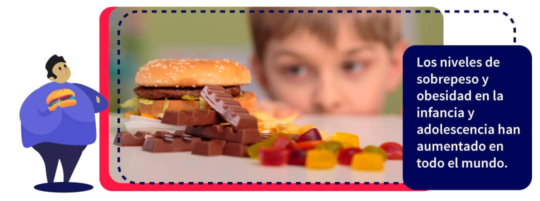 niño observando una hamburguesa, chocolate y gomas