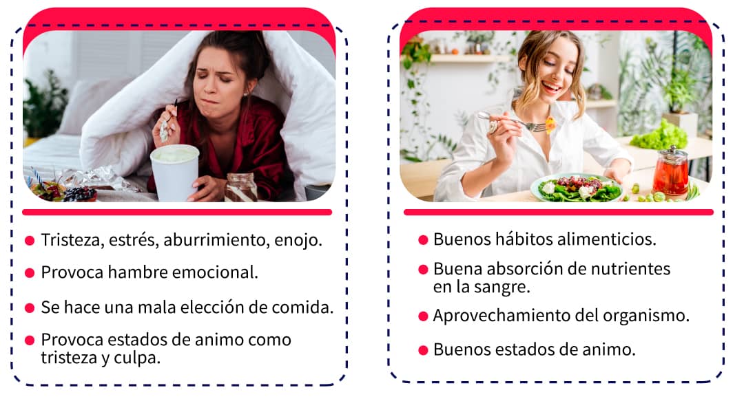 Imagen comparativa se muestran los ciclos de un lado el ciclo de hambre emocional y del otro el ciclo de una correcta alimentación