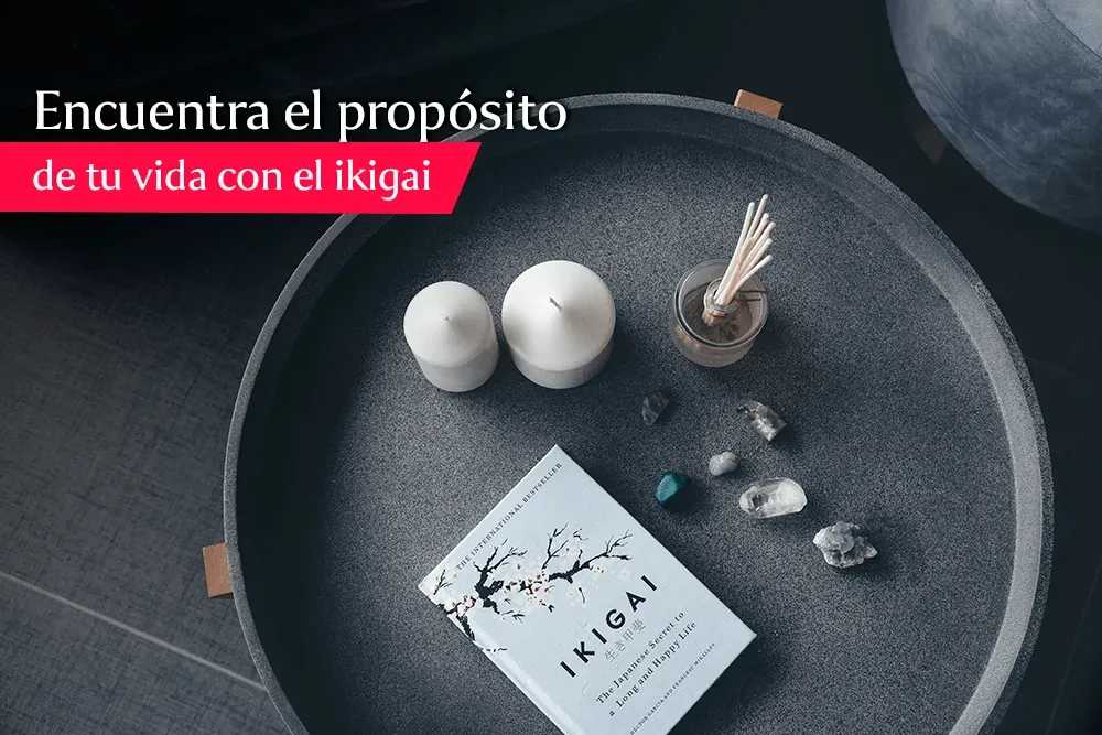 plato con velas y un libro de ikigai