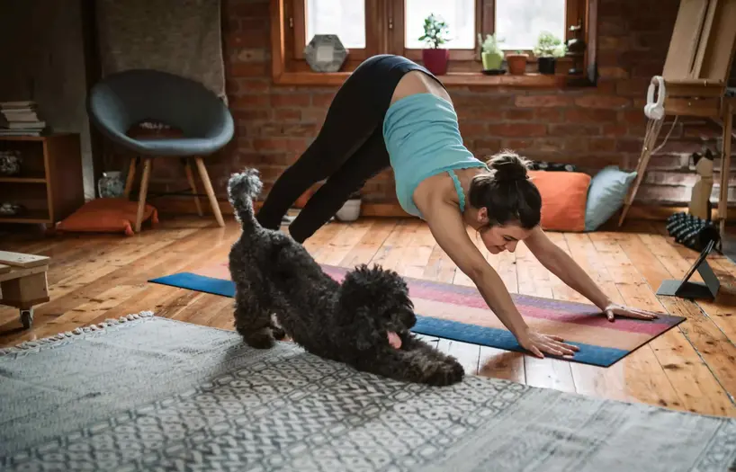 mujer haciendo estiramientos junto a su perrito