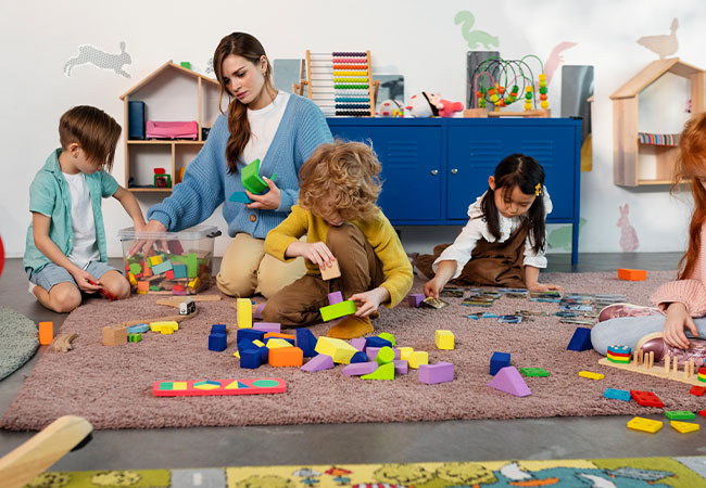 niños jugando junto a su docente