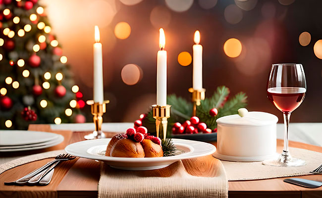 vajilla navideña con velas y arbol navideño detras