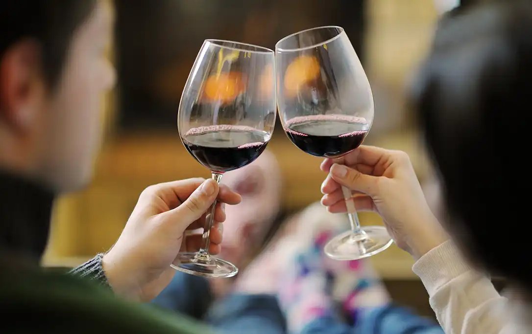 pareja brindando con dos copas de vino tinto