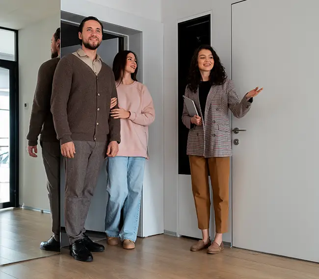 Pareja visitando lugar para rentar con agente inmobiliario